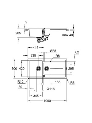 Grohe K400 Kuvars Komp. Eviye 60 -C 100/50, Granit Siyah